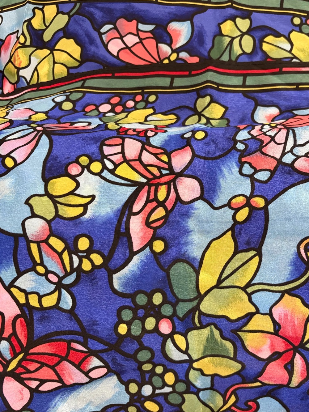 90s Vintage 100% Silk Tiffany “Stained Glass Butterflies & Foliage” Scarf